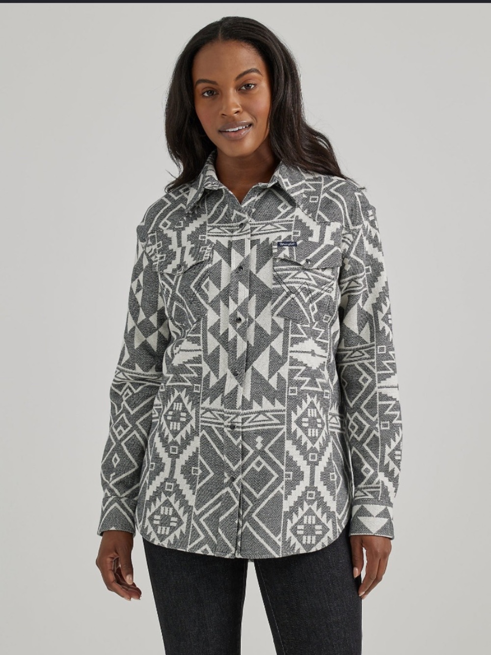 Wrangler Retro Grey Geo Boyfriend Western Snap Oversized Shirt Size SMALL